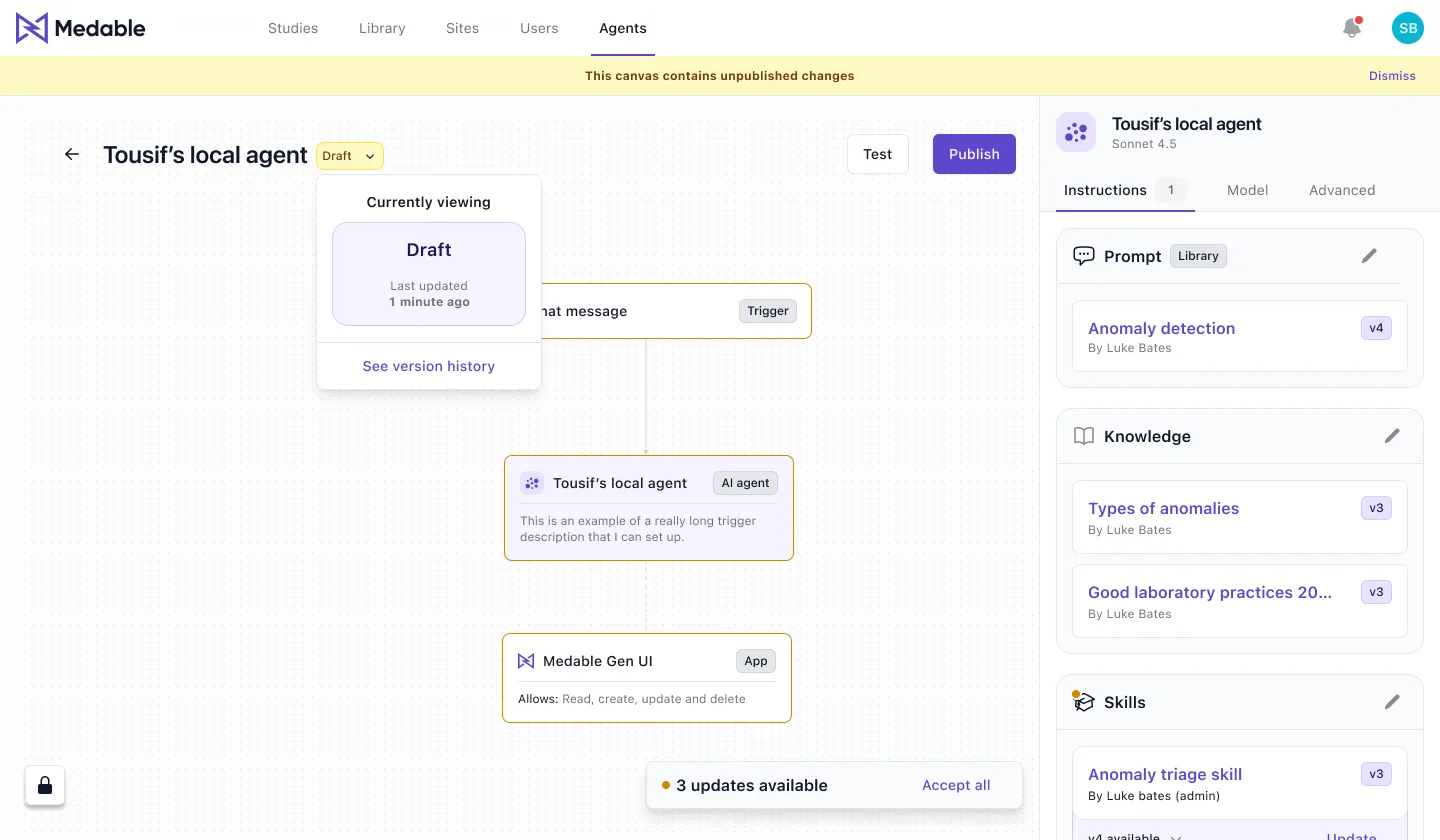 The agent canvas with version history and an unpublished-changes banner
