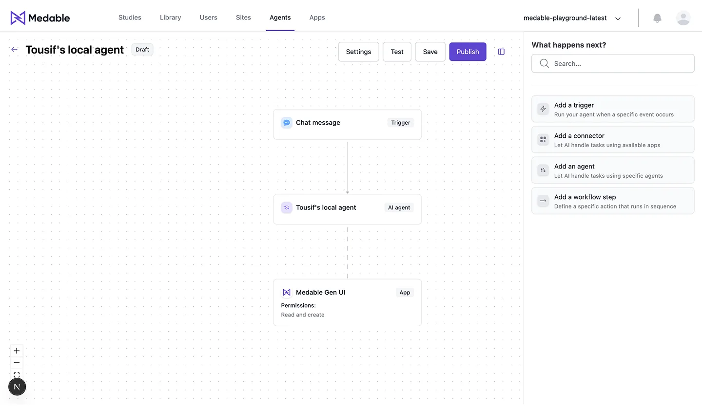 The agent canvas before versioning — a single editable draft, with Save and Publish and no version history