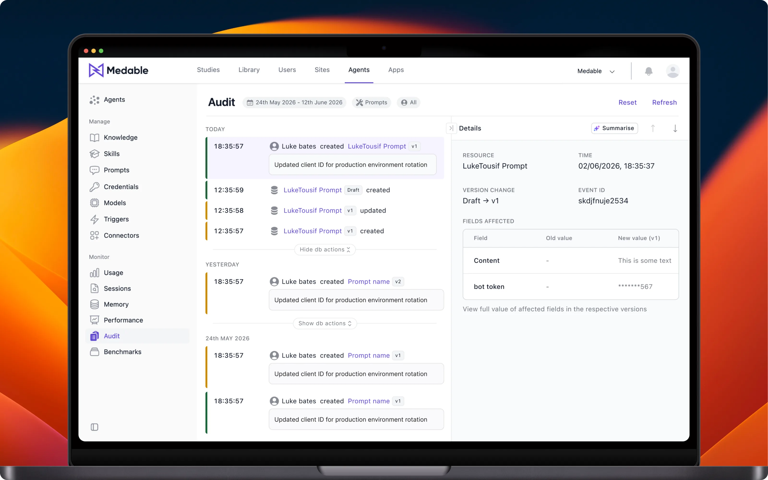 The redesigned audit log page — a version-change side panel next to the activity timeline, with search converted to filter tags