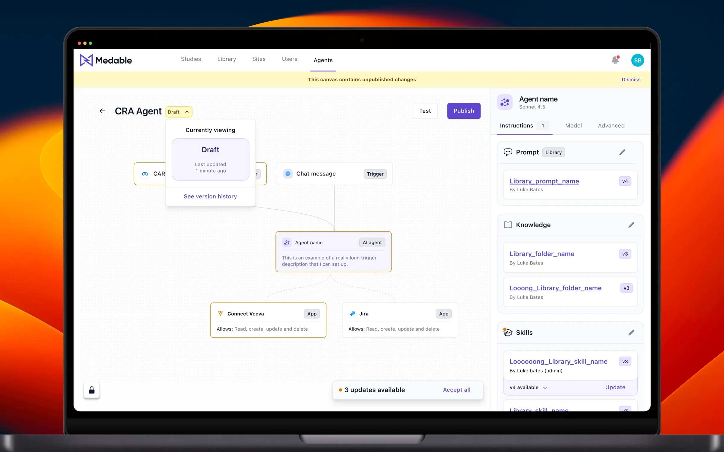 The Medable Agents canvas on a laptop — a CRA Agent flow in Draft, the version history panel open, and its connected Veeva and Jira apps flagged with pending updates