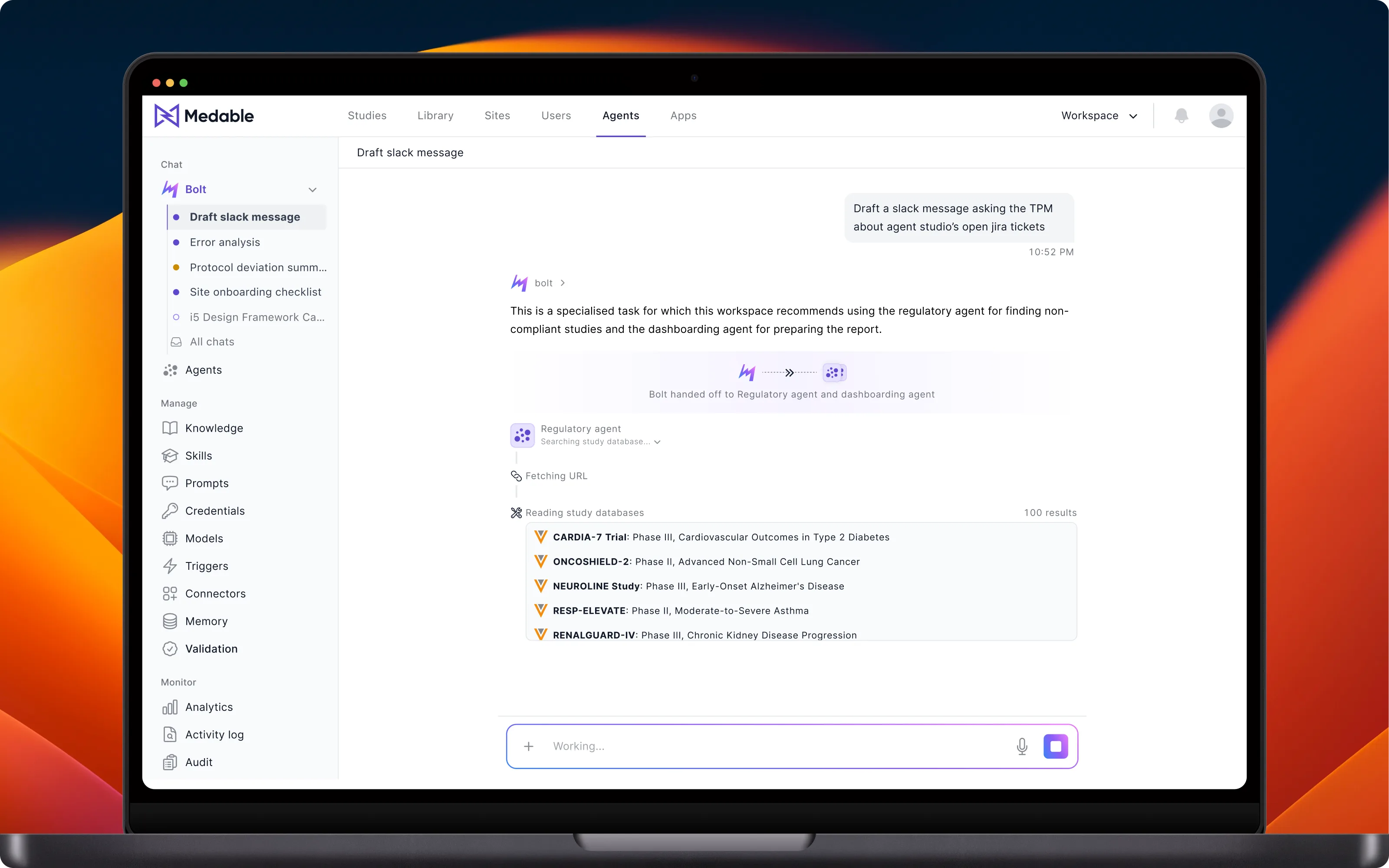 The Bolt chat after a run — the task tagged with @regulatory agent and @dashboarding agent, each tool call listed as it completes, and five non-compliant studies returned