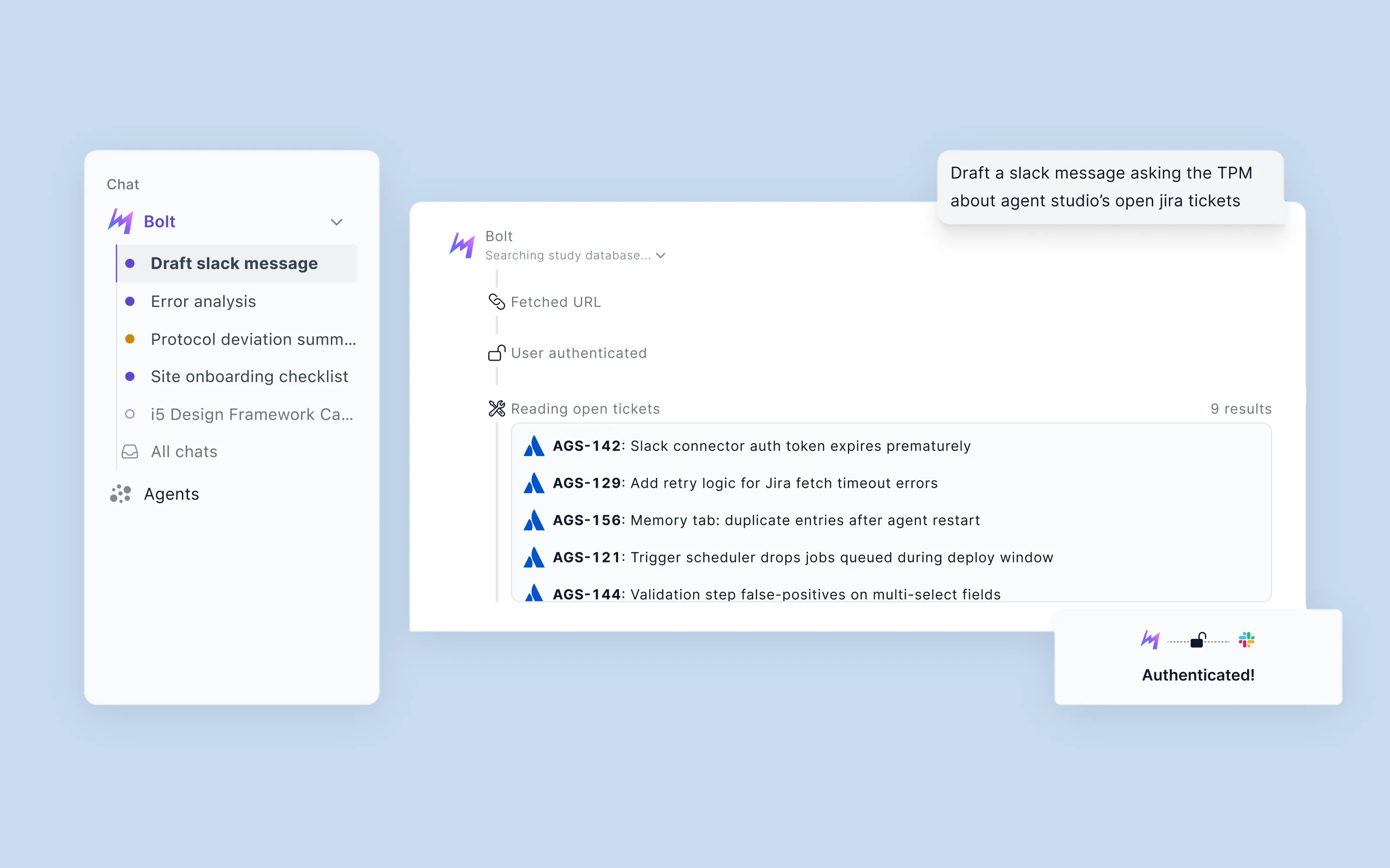 The Bolt chat running a tagged task, the regulatory agent searching the study database and returning five non-compliant studies