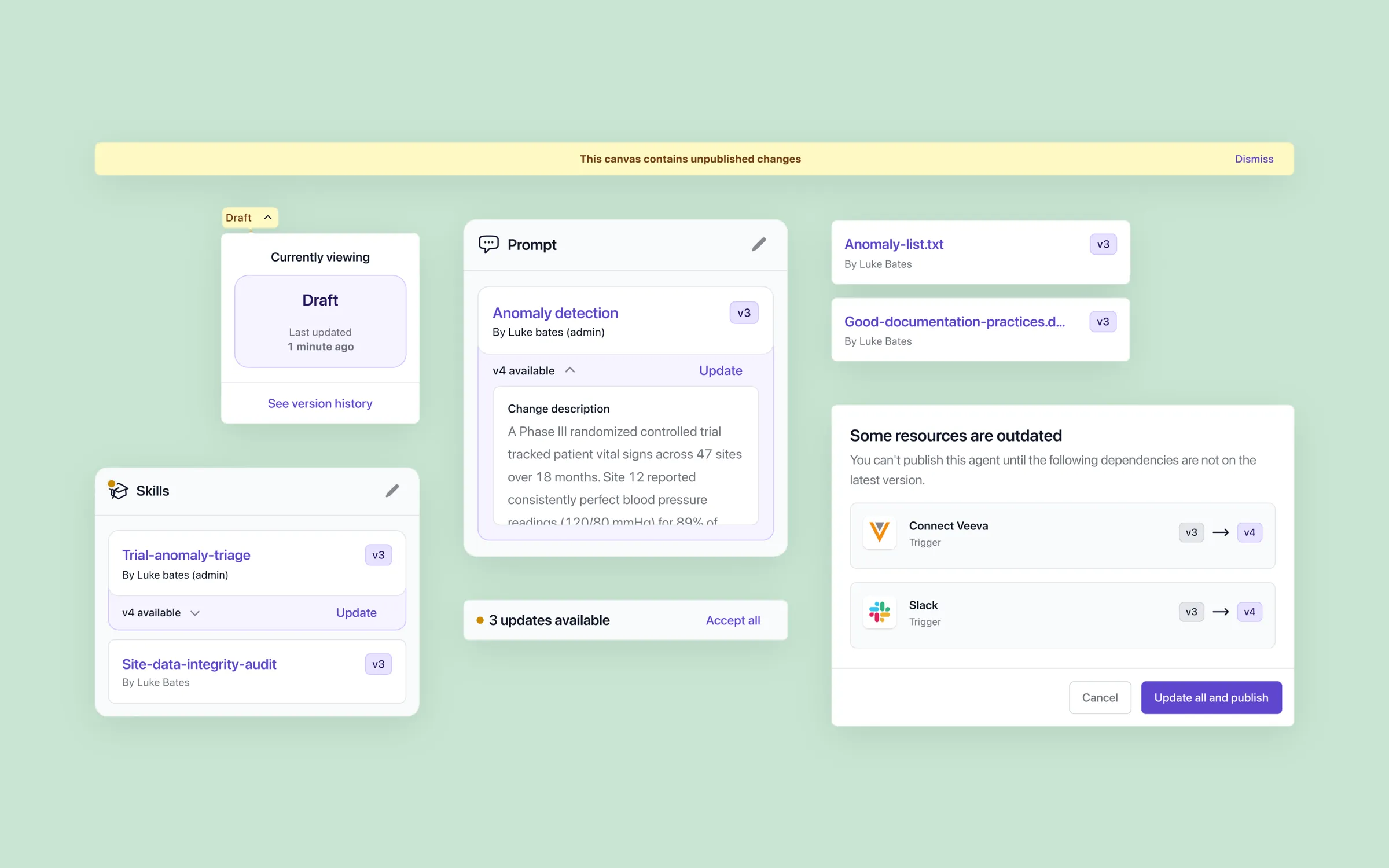 An agent's Draft version history panel and a dialog listing outdated dependencies before it can be published