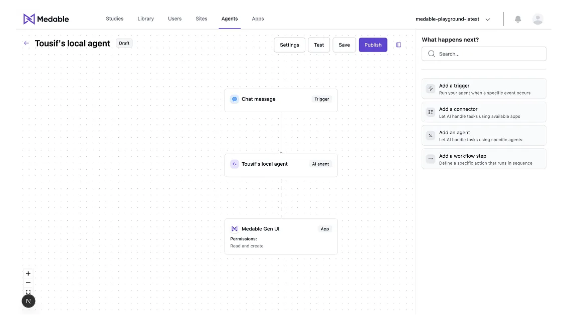 The Agent Studio canvas with a draft agent, a chat message trigger and a connected app