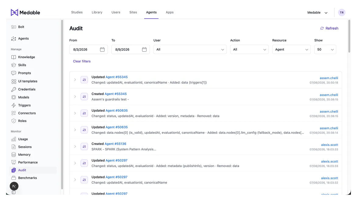 Walkthrough of the original, pre-redesign agent action page — a flat list mixing user and database actions with no grouping