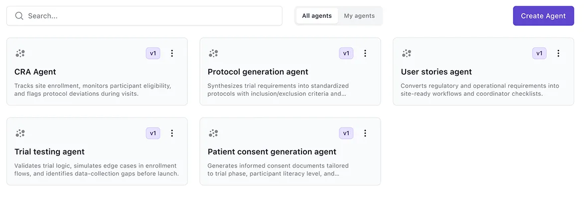 The agent list in Agent studio — five agent cards, each with its own description and version, and a Create Agent button