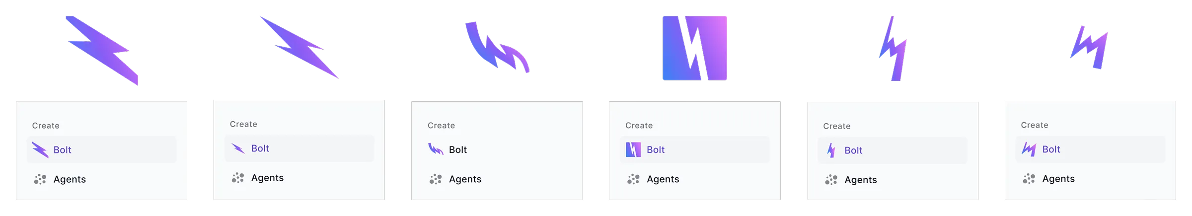 Six lightning-bolt logo variations, each shown again below in the Create menu beside Bolt and Agents