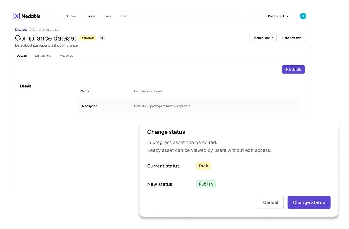 Study Studio's change-status dialog, showing a current status of Draft moving to Publish