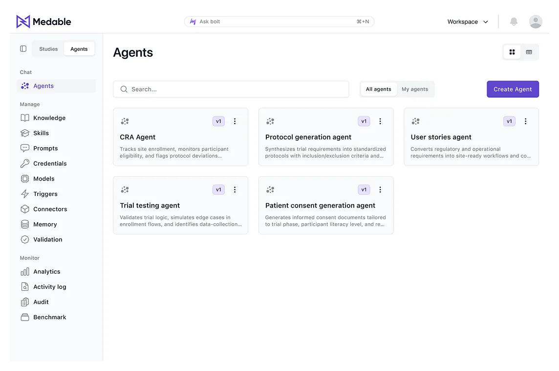 The agent list with a global Bolt chat summoned over the whole product surface