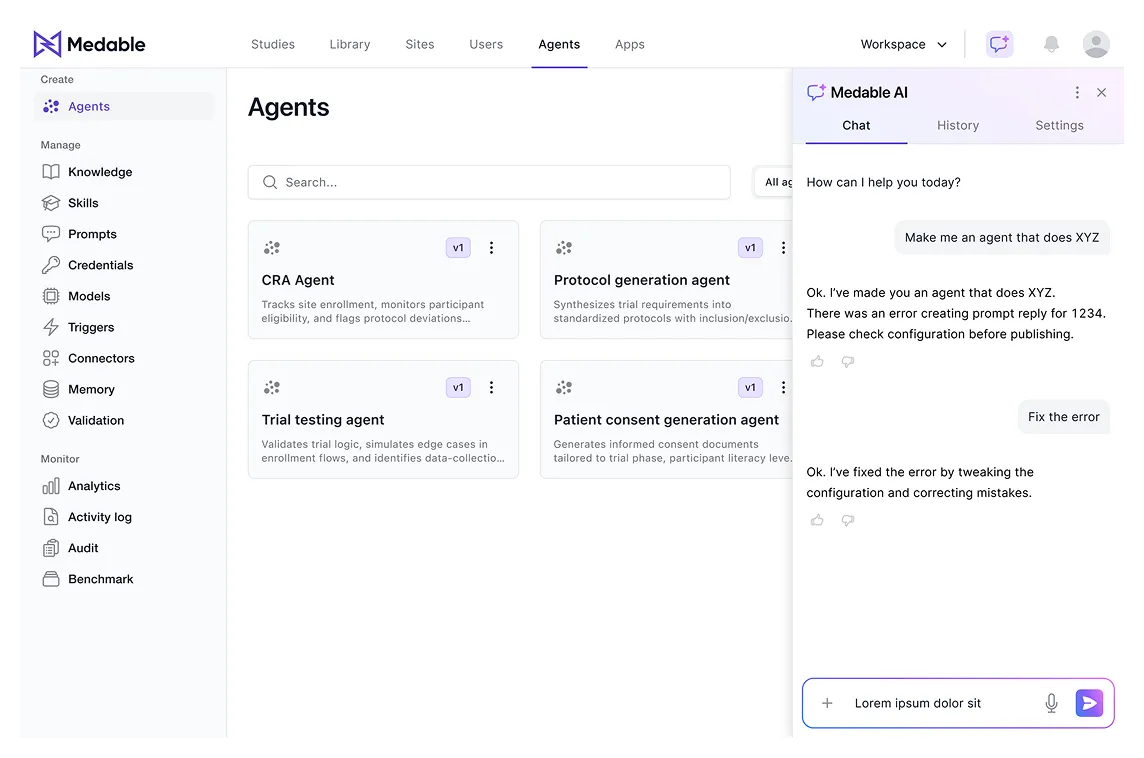 The agent list with Bolt docked as a side chat panel on the right, narrowing the content area