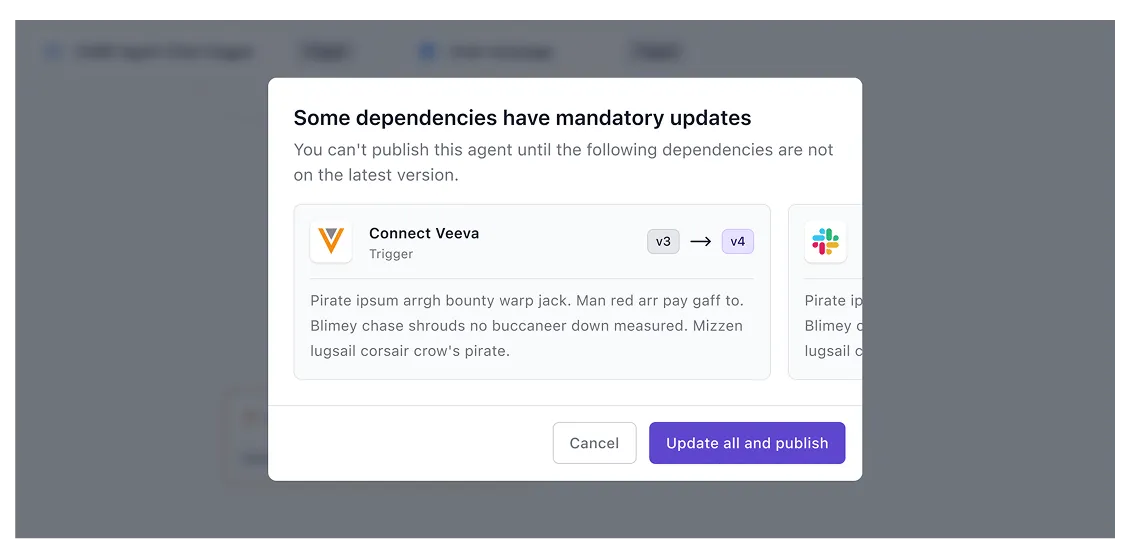 A dialog listing dependencies with mandatory updates, blocking publish until all are accepted
