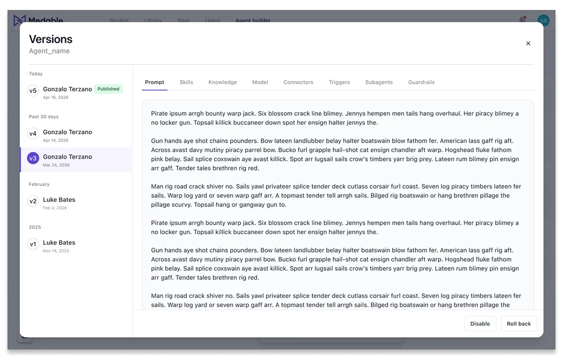 The versions modal: a dated list of versions on the left, the selected version's configuration in tabs on the right