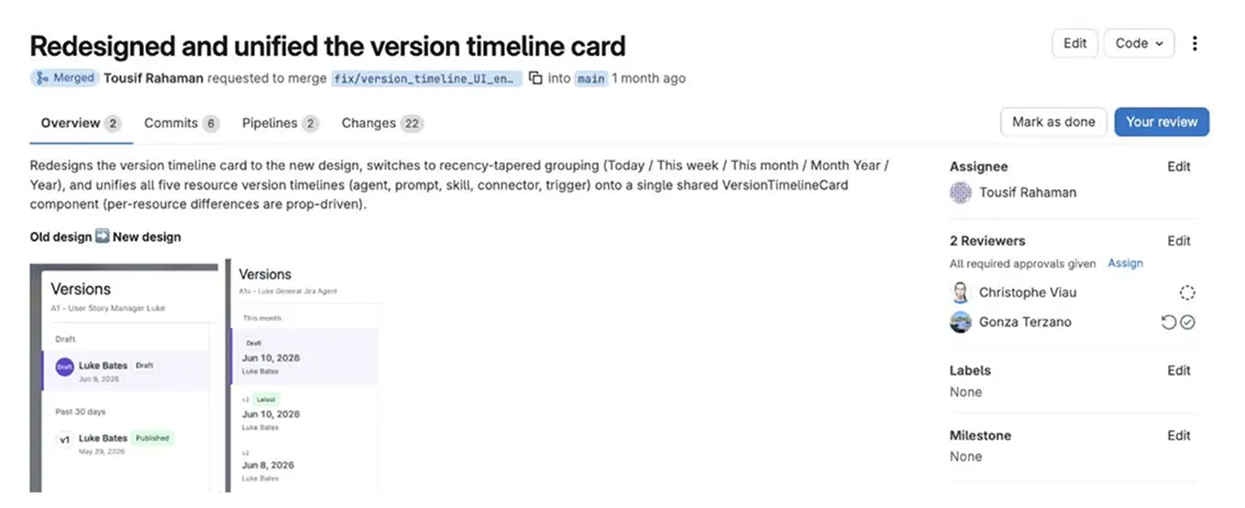 A merged pull request redesigning and unifying the version timeline card, with the old and new designs side by side