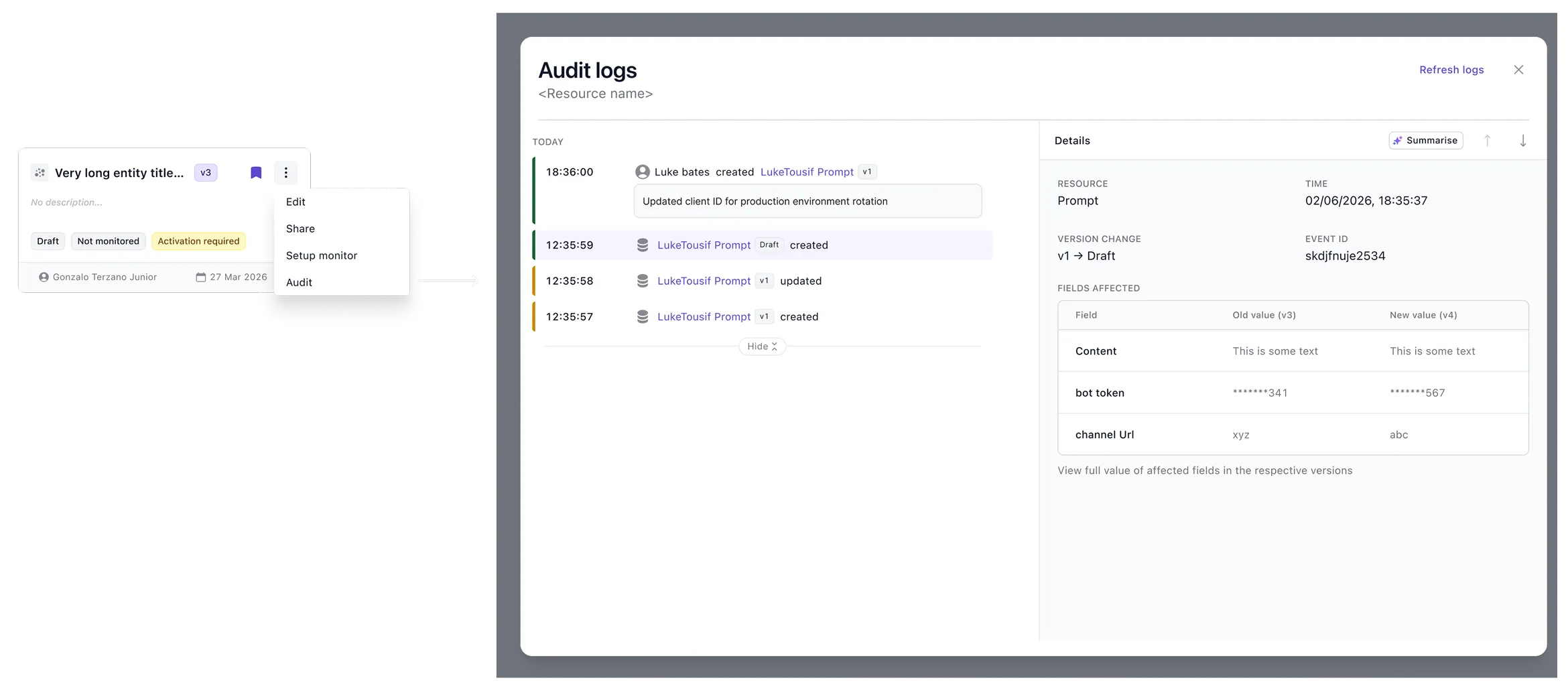 An agent's overflow menu open with a new 'Audit' entry alongside Edit, Share and Setup monitor, pointing to the resulting audit logs modal scoped to that agent