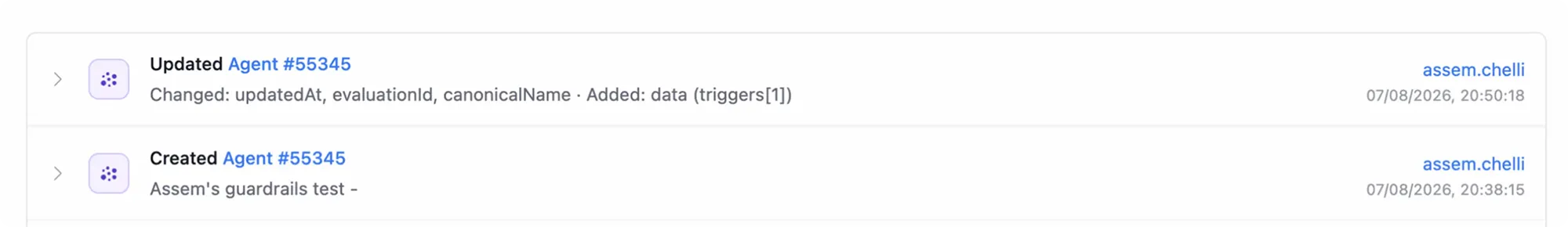 Two audit log entries for the same agent — an update and its creation — each identifying the agent only by its raw database key, 'Agent #55345'