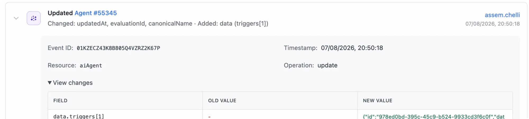 An expanded log entry showing its full field-diff table, pushing the rest of the page down