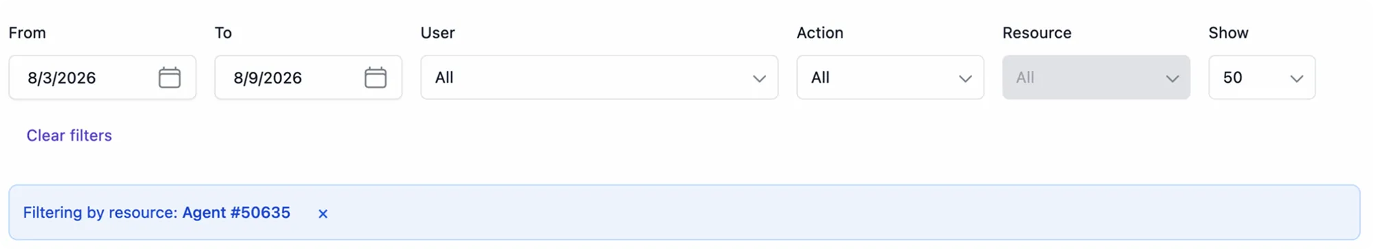 The filter row's Clear filters link above a separate 'Filtering by resource: Agent #50635' tag