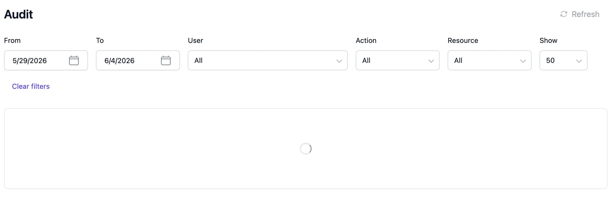 The Audit page on arrival — From, To, User, Action, Resource and Show filters already filled with defaults, and a spinner in the empty results table while the automatic search runs