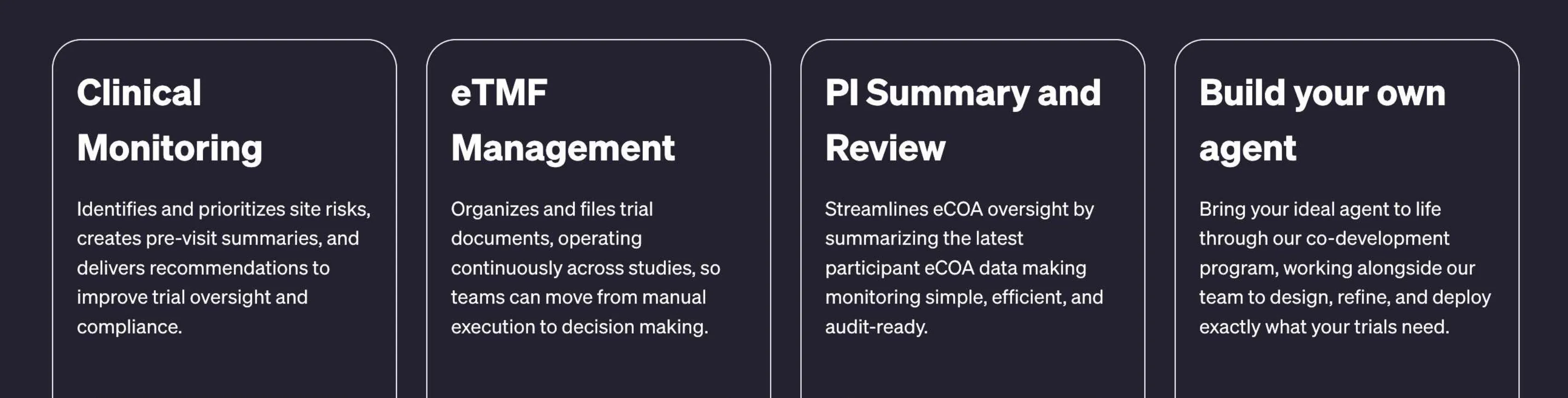 Four agent cards from Agent studio: Clinical Monitoring, eTMF Management, PI Summary and Review, and Build your own agent