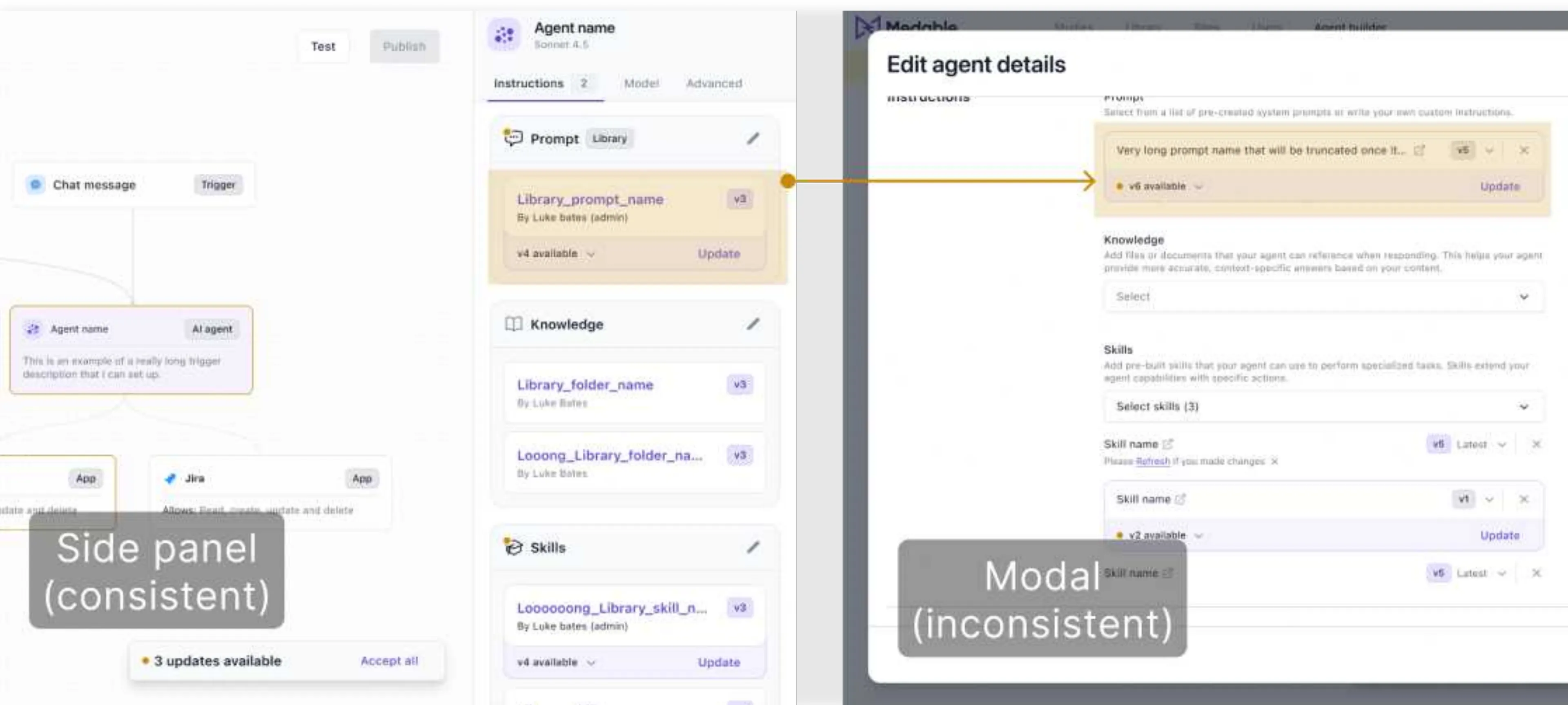 The dependency card in the consistent settings side panel, and the same card redesigned to fit the inconsistent Edit agent details modal